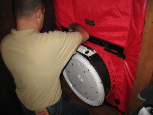 set up of a blower door during an energy audit