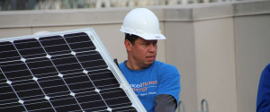 unloading panels during a large commercial solar power install in Oakland